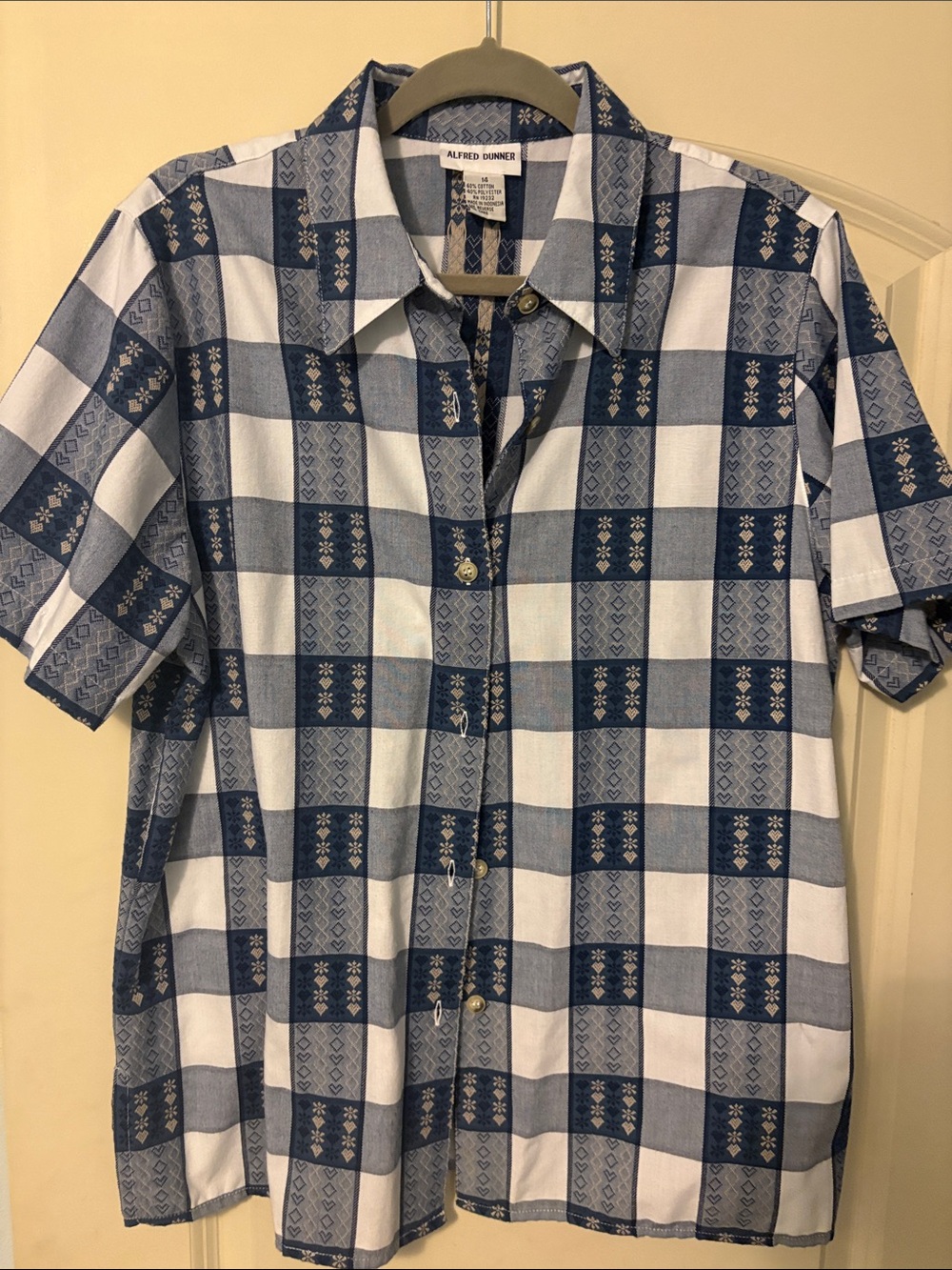 Alfred Dunner Navy and White Checked Short-Sleeve Button-Down Shirt
